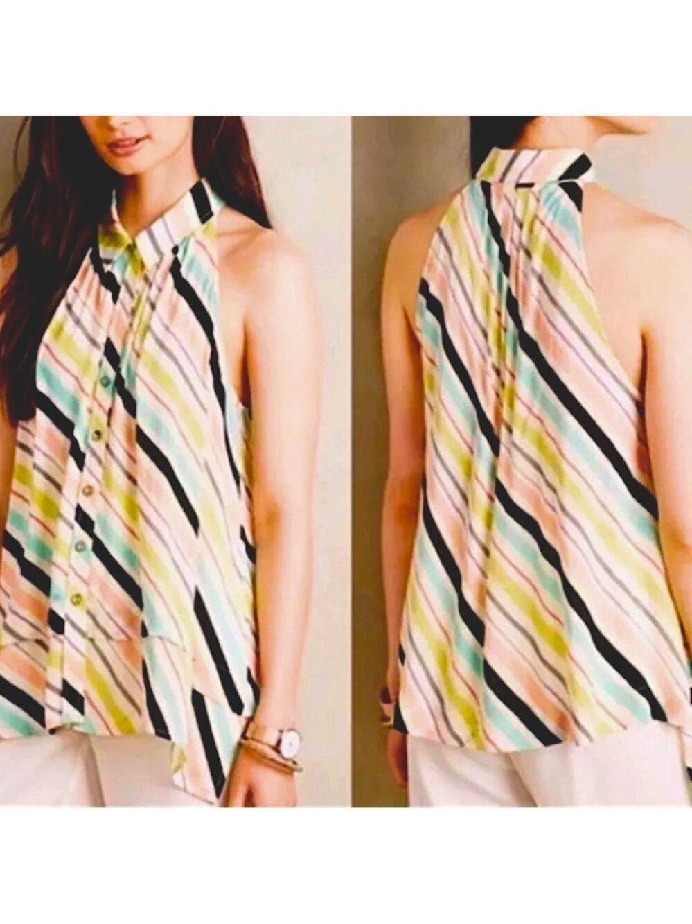 162. Anthropologie Maeve Tesni Rainbow Striped Button Swing Double Hem Tank Top